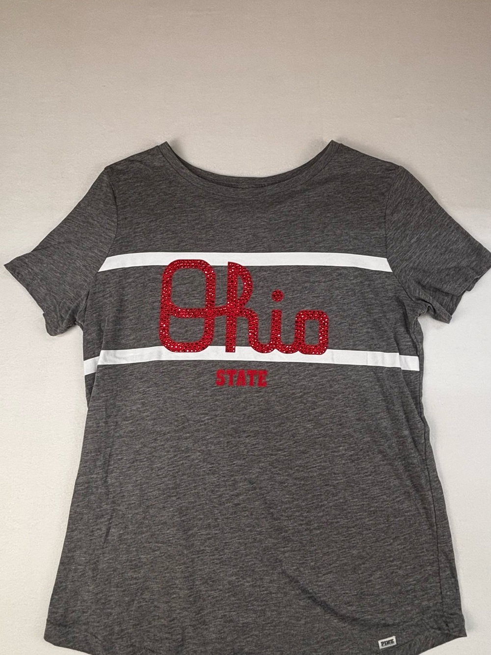 PINK Victoria's Secret Gray Tee with Red Sequin 'Ohio'